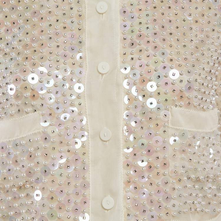 Pre Owned Miu Miu Off-White Embellished Silk Organza Mini Skirt and Top Set S