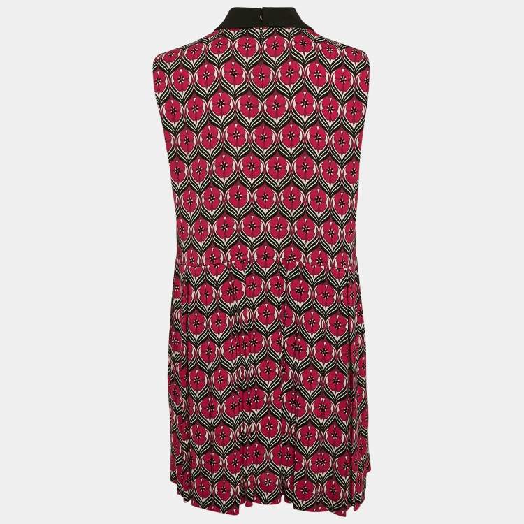 Pre Owned Miu Miu Red Floral Print Crepe Pleated Sleeveless Mini Dress M