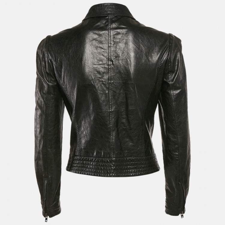 Pre Owned Miu Miu Black Leather Zip-Up Rider Jacket S