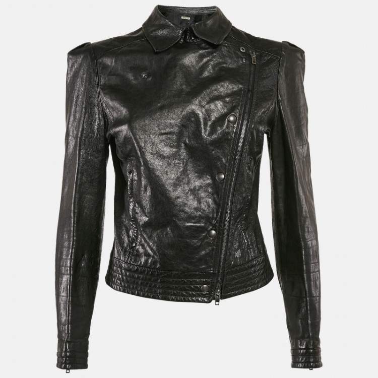 Pre Owned Miu Miu Black Leather Zip-Up Rider Jacket S