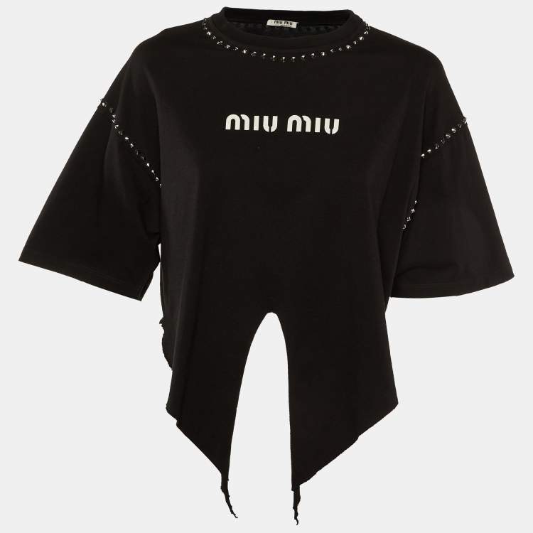 مملوكة مسبقًا Miu Miu Black Logo Print Cotton Studded Front Tie Crop Top S