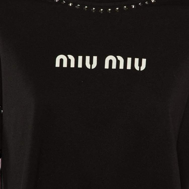 مملوكة مسبقًا Miu Miu Black Logo Print Cotton Studded Front Tie Crop Top S
