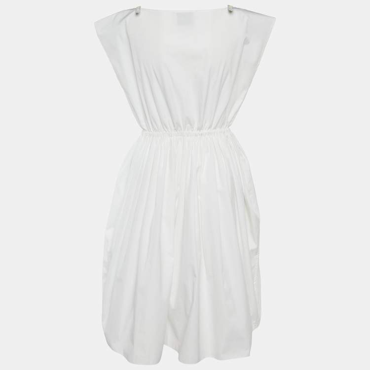 Pre Owned Miu Miu White Cotton Logo Pocket Detail Midi Dress XS