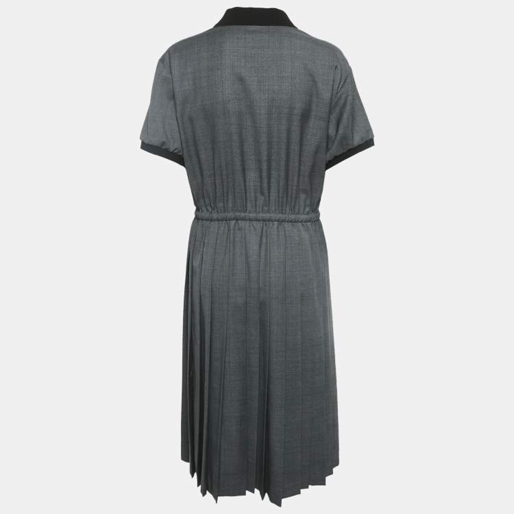 Pre Owned Miu Miu Grey Prince of Wales Check Wool Pleated Midi Dress M