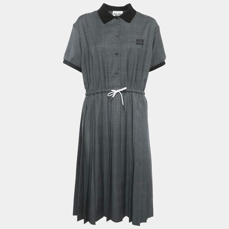 Pre Owned Miu Miu Grey Prince of Wales Check Wool Pleated Midi Dress M