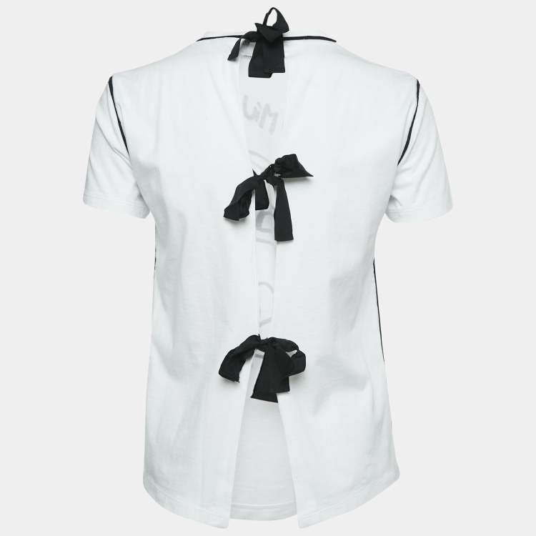Pre Owned Miu Miu White Bird Print Cotton Knit Rear Tie-Up Detail Top S