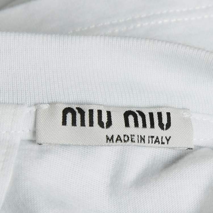 Pre Owned Miu Miu White Bird Print Cotton Knit Rear Tie-Up Detail Top S