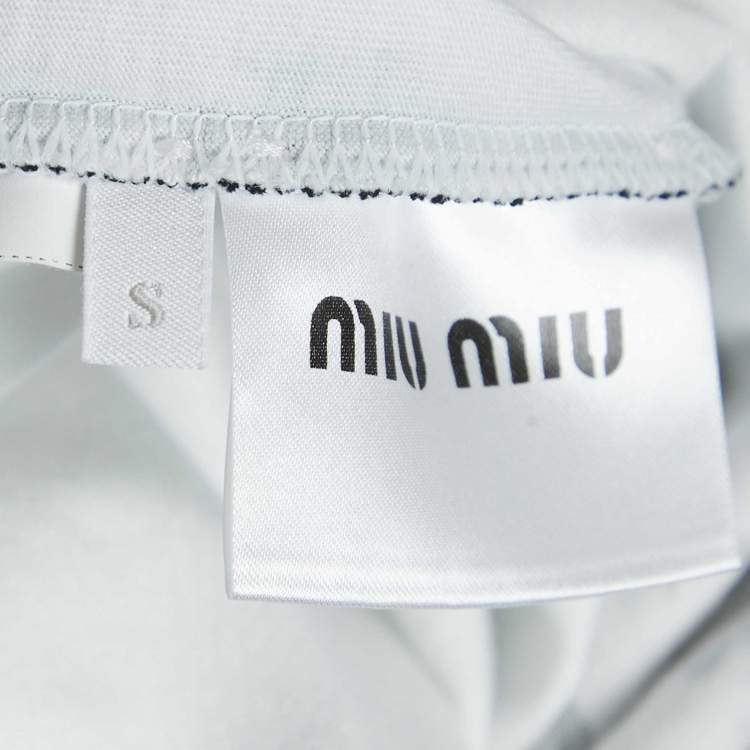 Pre Owned Miu Miu White Bird Print Cotton Knit Rear Tie-Up Detail Top S