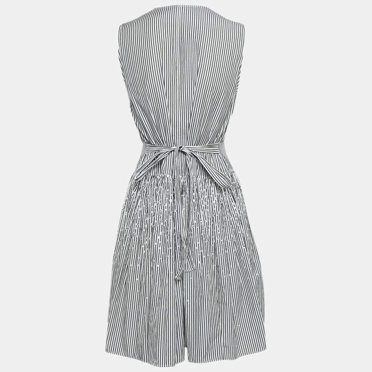 Pre Owned Miu Miu Black/White Striped Cotton Crystal Embellished Dropwaist Dress M