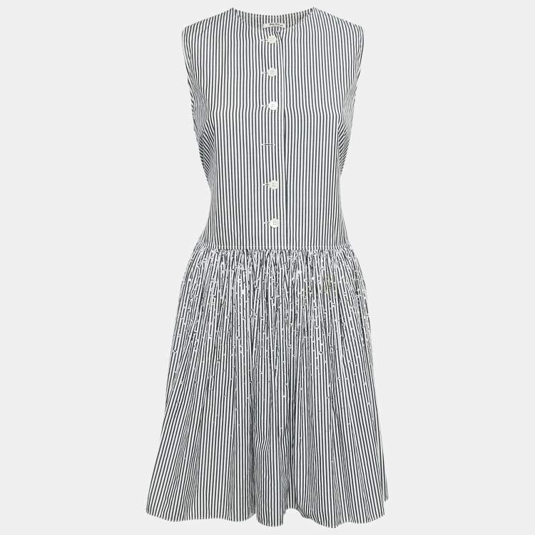 Pre Owned Miu Miu Black/White Striped Cotton Crystal Embellished Dropwaist Dress M