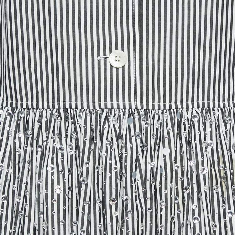 Pre Owned Miu Miu Black/White Striped Cotton Crystal Embellished Dropwaist Dress M