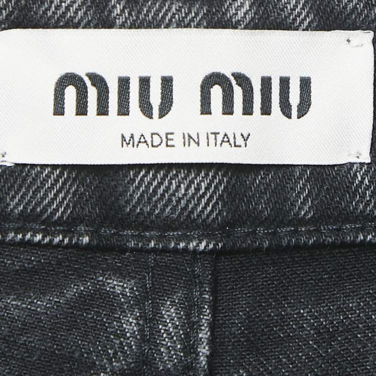 Pre Owned Miu Miu Charcoal Black Logo Applique Denim Straight Leg Jeans S Waist 26"