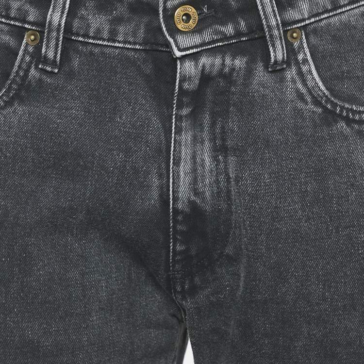 Pre Owned Miu Miu Charcoal Black Logo Applique Denim Straight Leg Jeans S Waist 26"