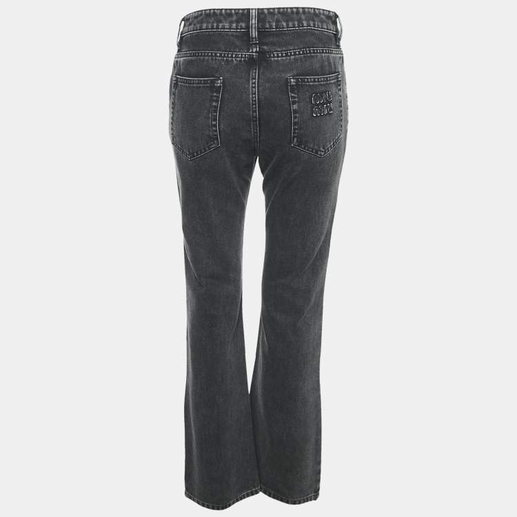 Pre Owned Miu Miu Charcoal Black Logo Applique Denim Straight Leg Jeans S Waist 26"