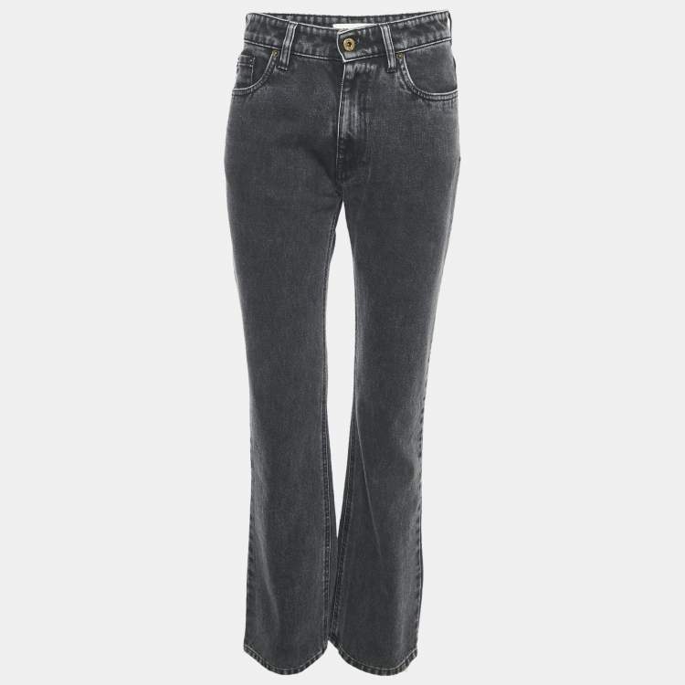 Pre Owned Miu Miu Charcoal Black Logo Applique Denim Straight Leg Jeans S Waist 26"