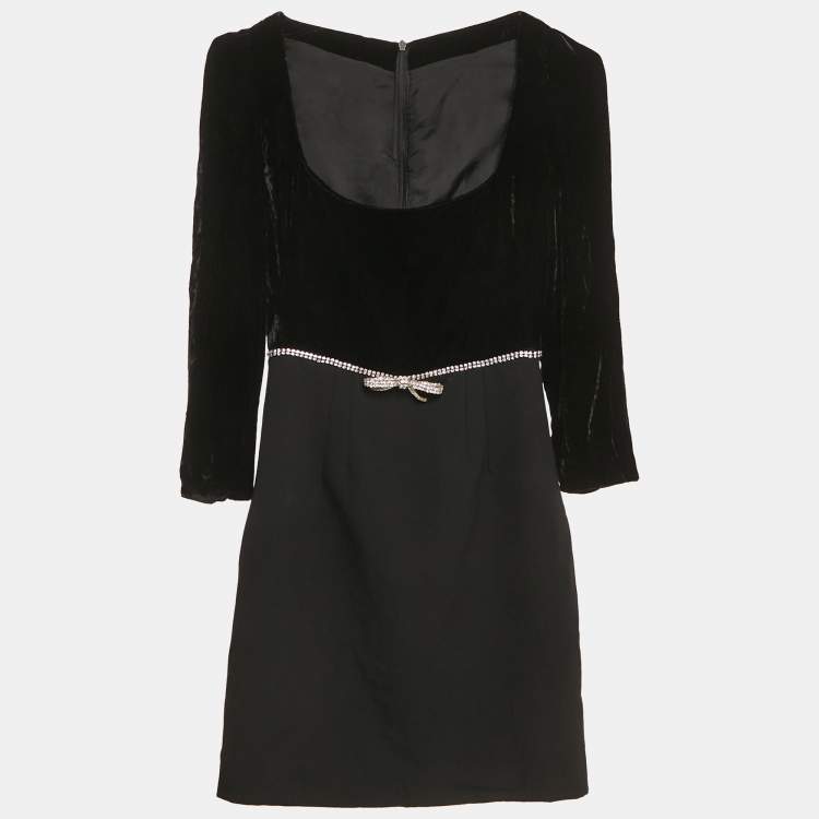 Pre Owned Miu Miu Black Velvet and Wool Crystal Bow Detail Mini Dress XS