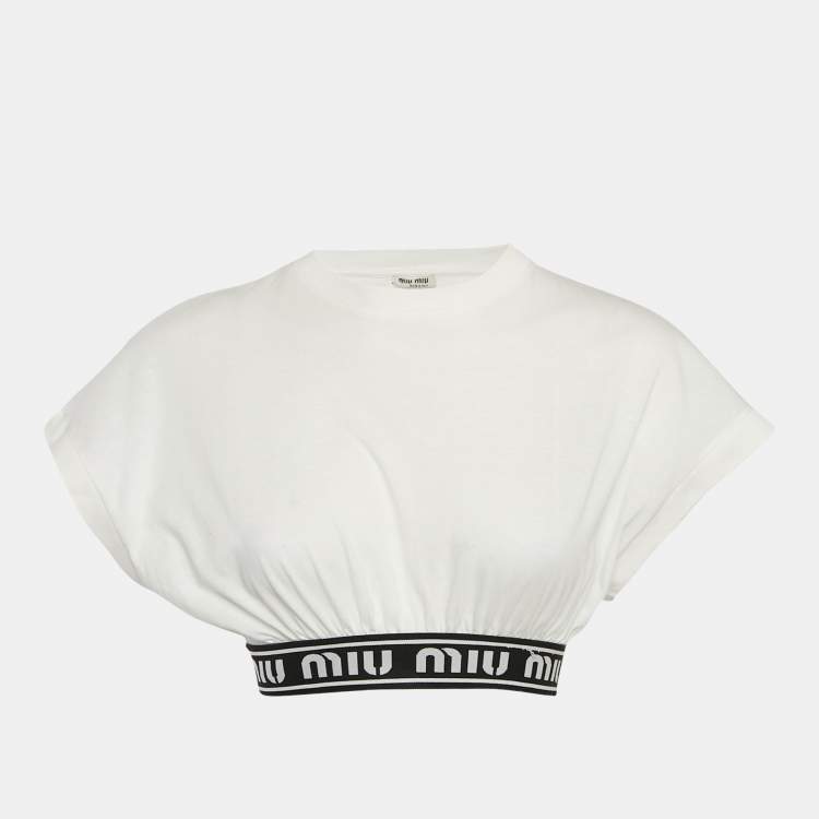 Pre Owned Miu Miu White Logo Tape Detail Crop Top XS