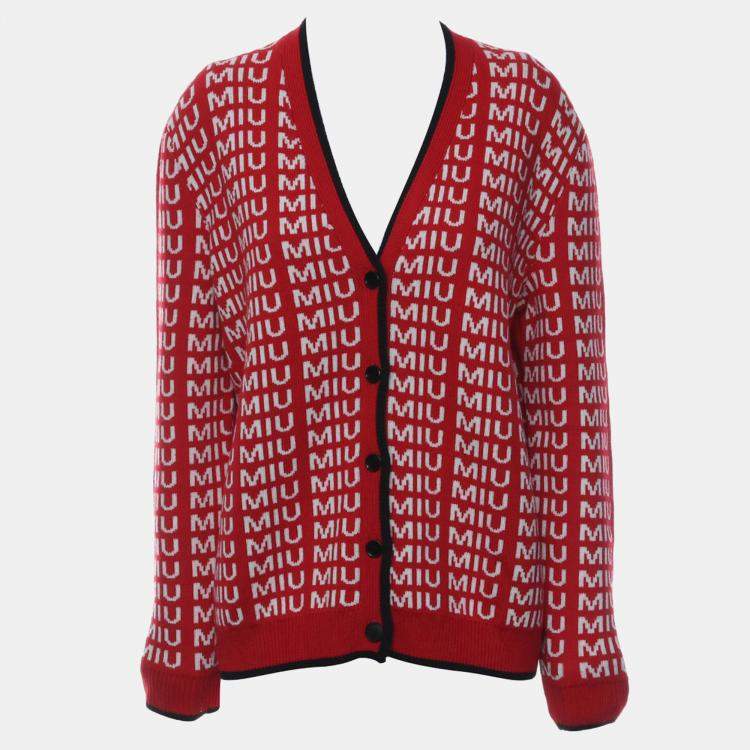 Pre Owned Miu Miu Red Wool Logo Knitted Cardigan EU 36