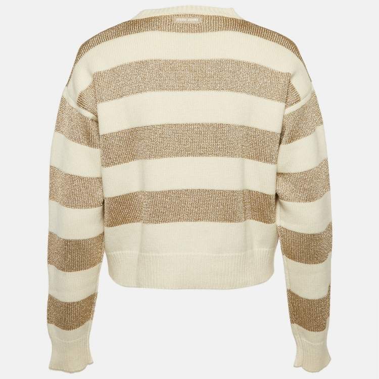 Pre Owned Miu Miu Cream Striped Lurex Knit Sweater S