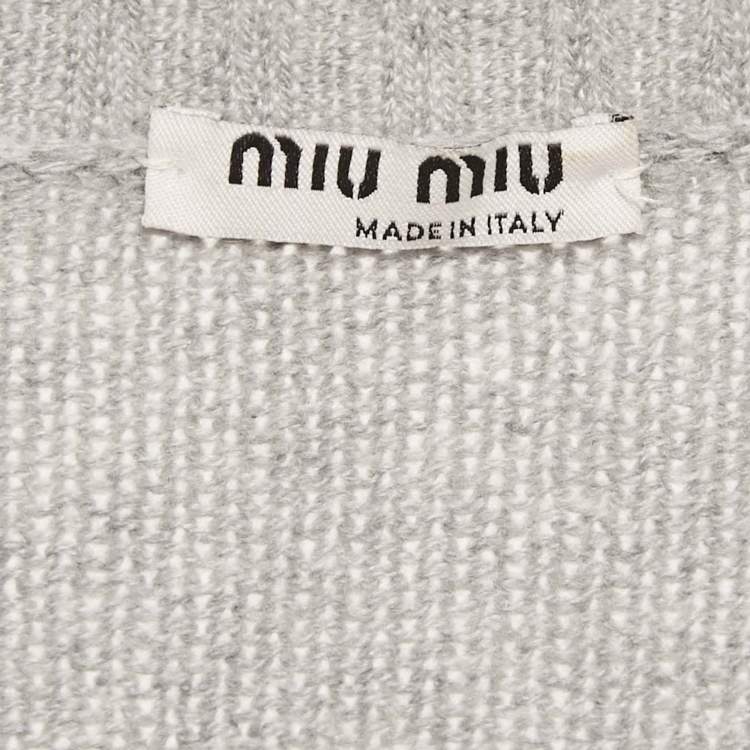 Pre Owned Miu Miu Grey Rib Knit Ruffled Crop Cardigan S