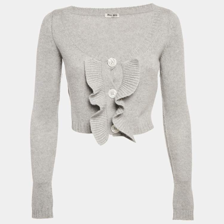 Pre Owned Miu Miu Grey Rib Knit Ruffled Crop Cardigan S