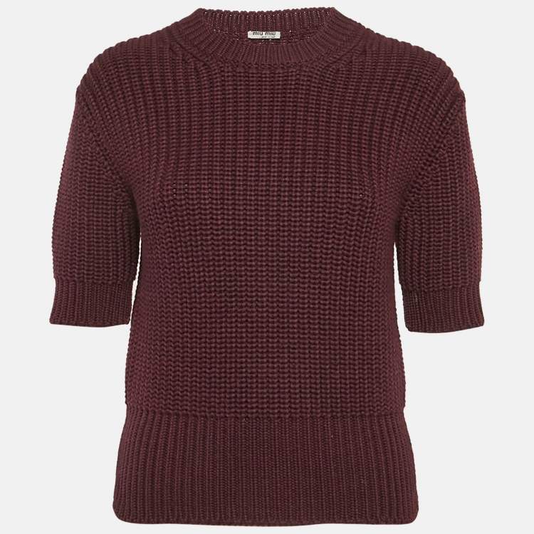 Pre Owned Miu Miu Burgundy Rib Knit Crewneck Sweater S