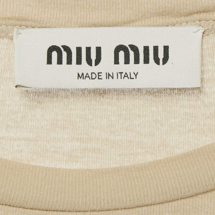 Pre Owned Miu Miu Beige Cotton Knit Logo-Patch Mini Dress XS