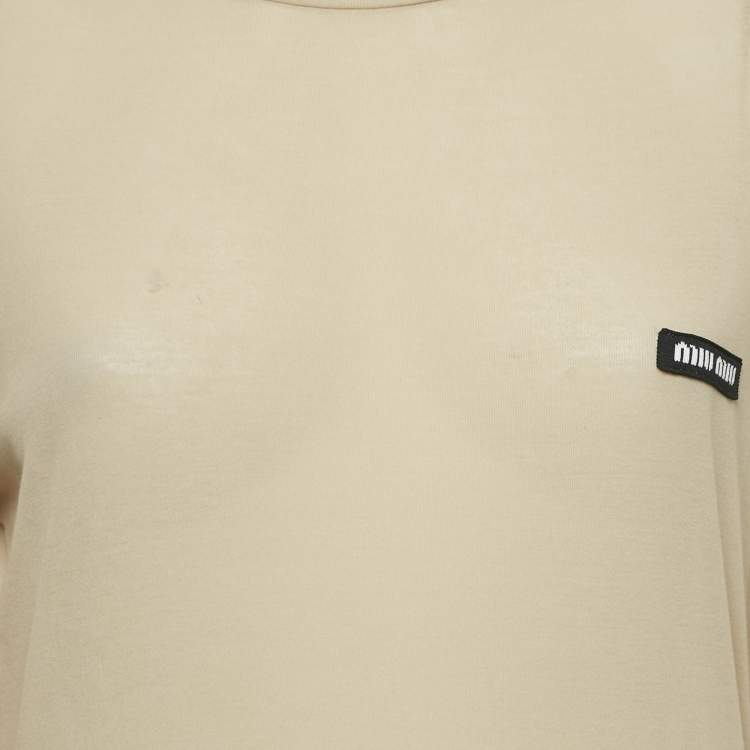 Pre Owned Miu Miu Beige Cotton Knit Logo-Patch Mini Dress XS