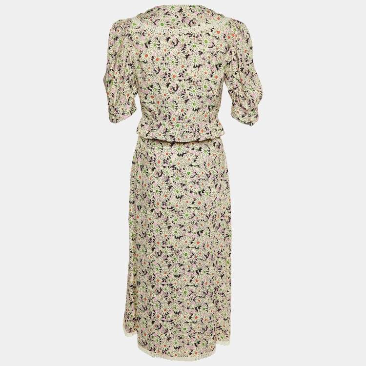Pre Owned Miu Miu Multicolor Floral Printed Crepe Button Front Top & Midi Skirt Set S