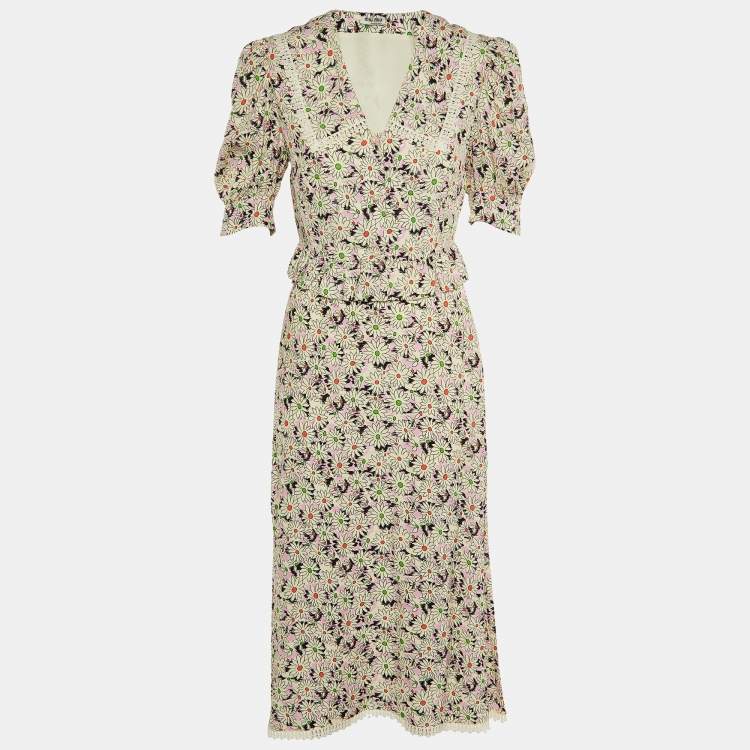 Pre Owned Miu Miu Multicolor Floral Printed Crepe Button Front Top & Midi Skirt Set S