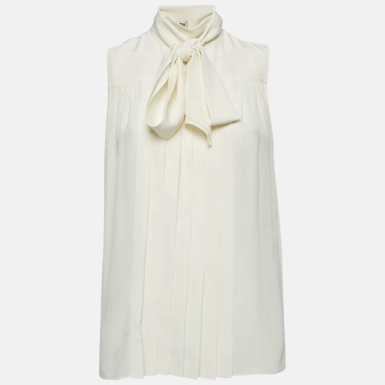 Pre Owned Miu Miu Cream Silk Pleated Sleeveless Shirt S