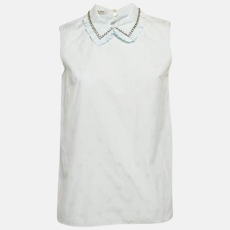 Pre Owned Miu Miu Blue Embroidered Cotton Ruffled Collar Sleeveless Shirt S