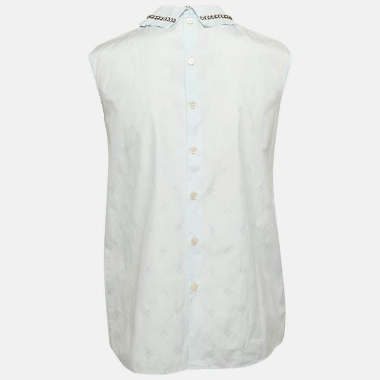 Pre Owned Miu Miu Blue Embroidered Cotton Ruffled Collar Sleeveless Shirt S