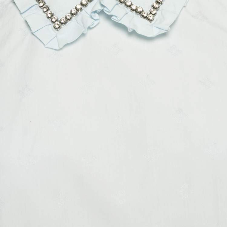 Pre Owned Miu Miu Blue Embroidered Cotton Ruffled Collar Sleeveless Shirt S