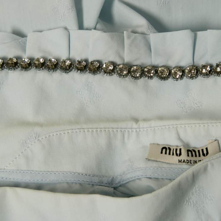 Pre Owned Miu Miu Blue Embroidered Cotton Ruffled Collar Sleeveless Shirt S