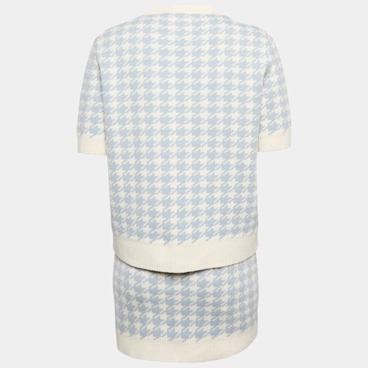 Pre Owned Miu Miu Blue Houndstooth Cashmere Top and Skirt Set S/XS