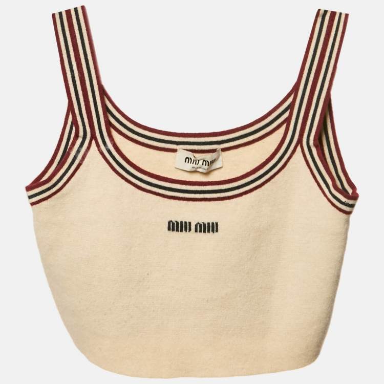 Pre Owned Miu Miu Beige Logo Intarsia Cashmere Crop Top M