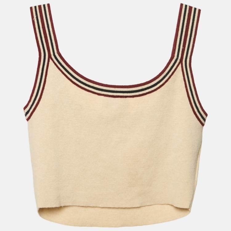 Pre Owned Miu Miu Beige Logo Intarsia Cashmere Crop Top M