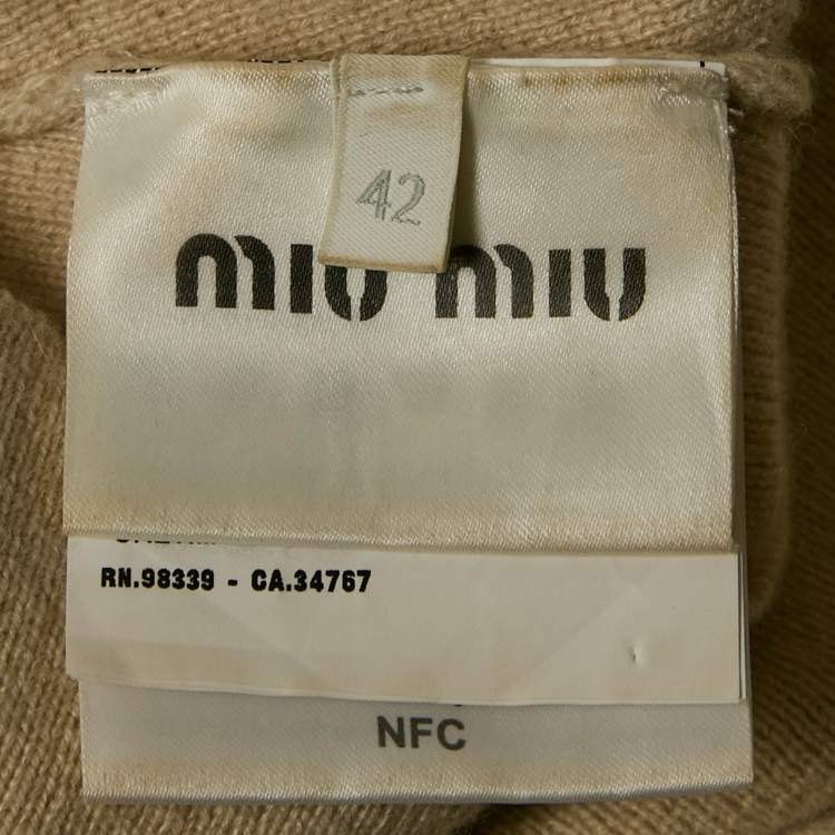 Pre Owned Miu Miu Beige Logo Intarsia Cashmere Crop Top M