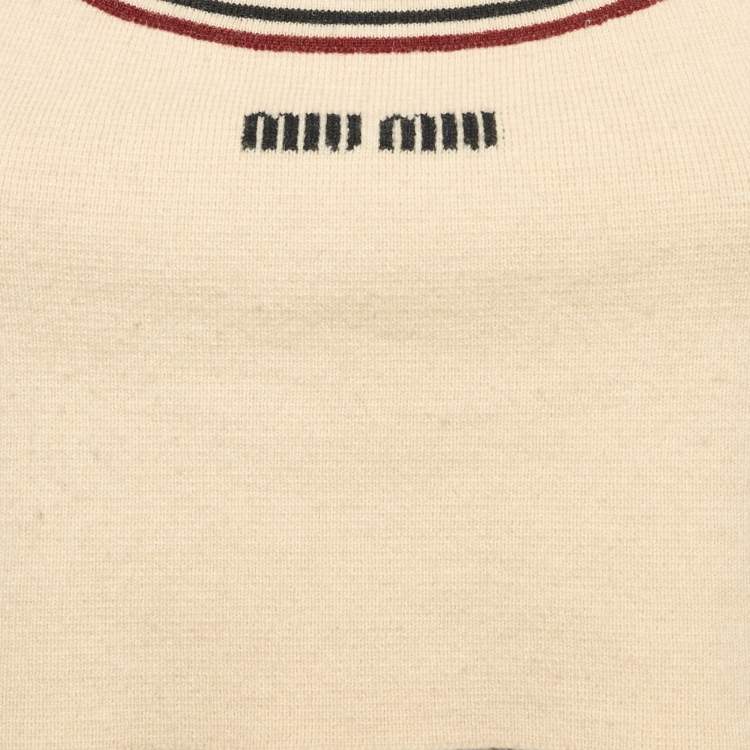 Pre Owned Miu Miu Beige Logo Intarsia Cashmere Crop Top M