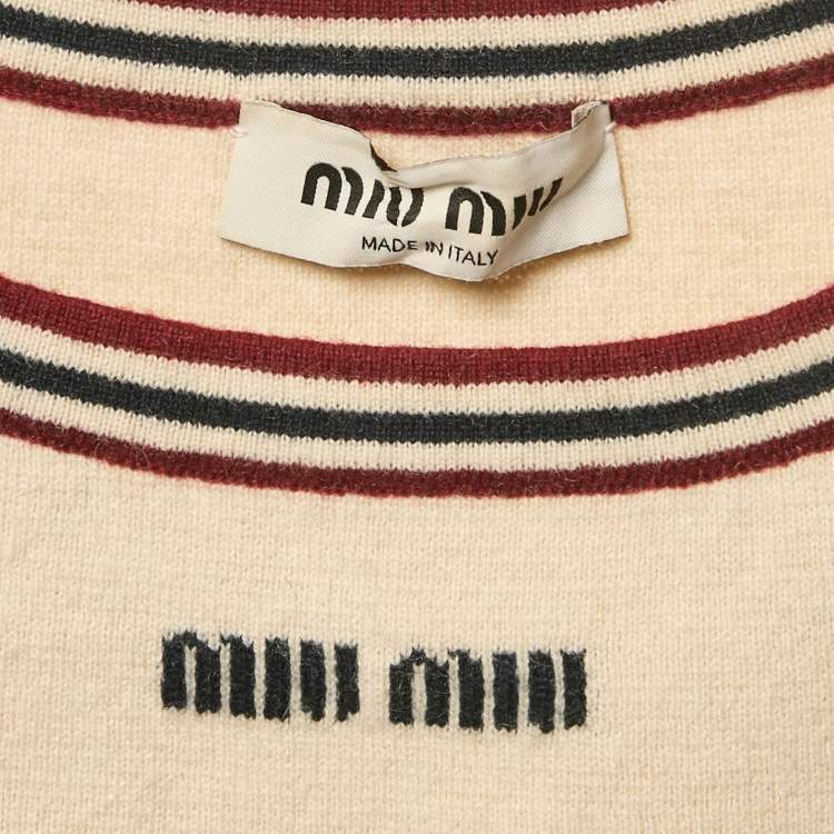 Pre Owned Miu Miu Beige Logo Intarsia Cashmere Crop Top M