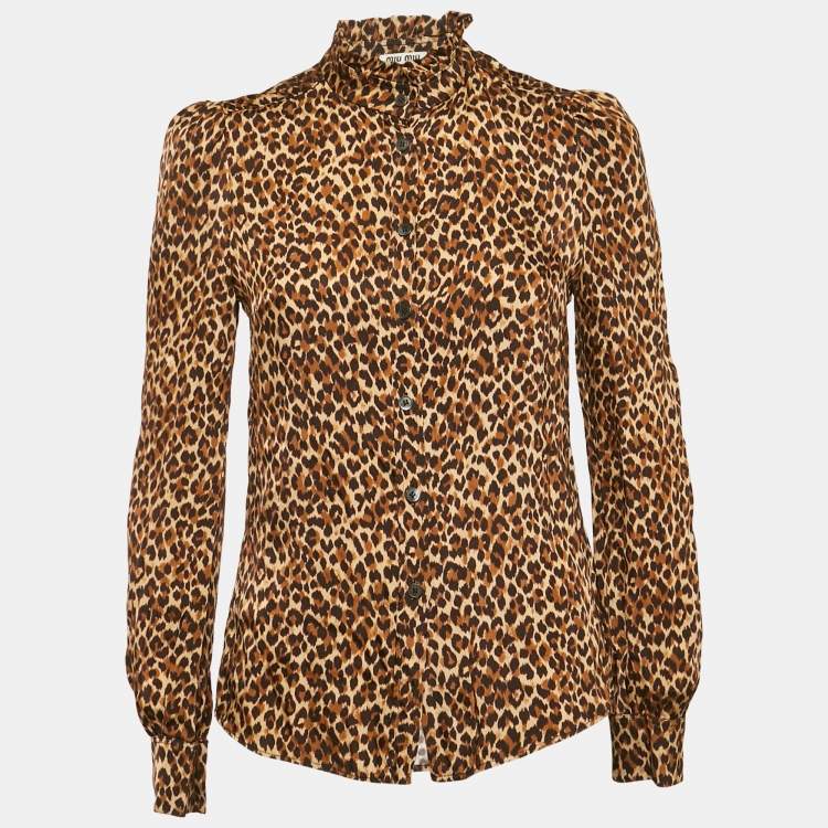 Pre Owned Miu Miu Brown Leopard Print Jersey Shirt S
