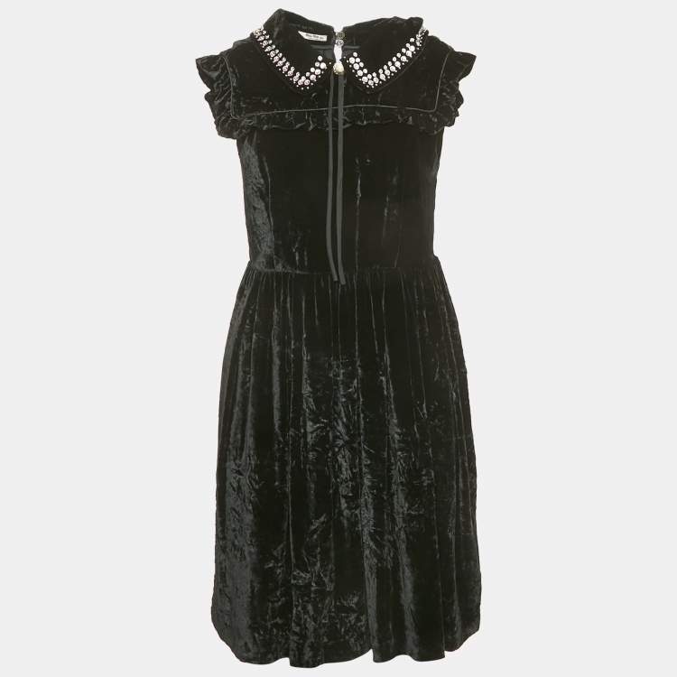 Pre Owned Miu Miu Black Embellished Velvet Ruffled Mini Dress S