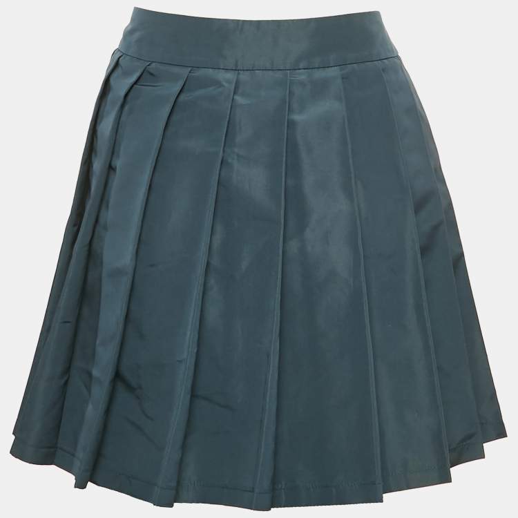 Pre Owned Miu Miu Teal Blue Silk Blend Pleated Mini Skirt S