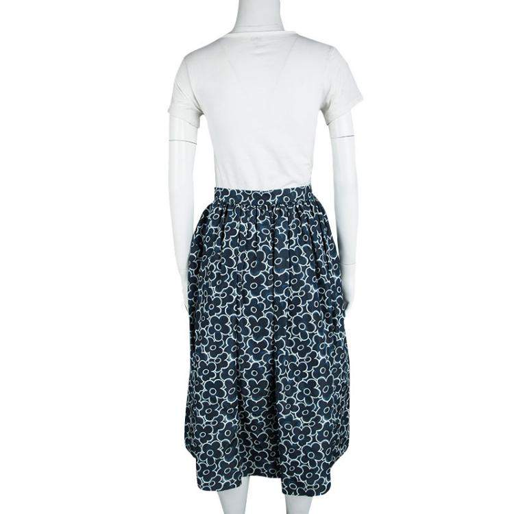 Pre Owned Miu Miu Blue Floral Printed Silk Gathered High Waist Midi Skirt S