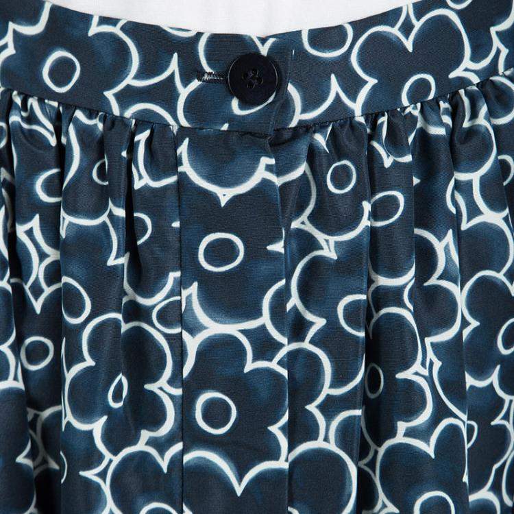 Pre Owned Miu Miu Blue Floral Printed Silk Gathered High Waist Midi Skirt S