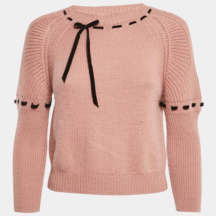 Pre Owned Miu Miu Pink Wool Laced Bow Detail Sweater M