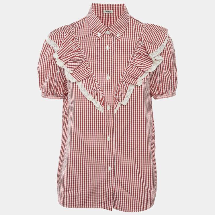 Pre Owned Miu Miu Red/White Cotton Gingham Ruffled Button Front Blouse M