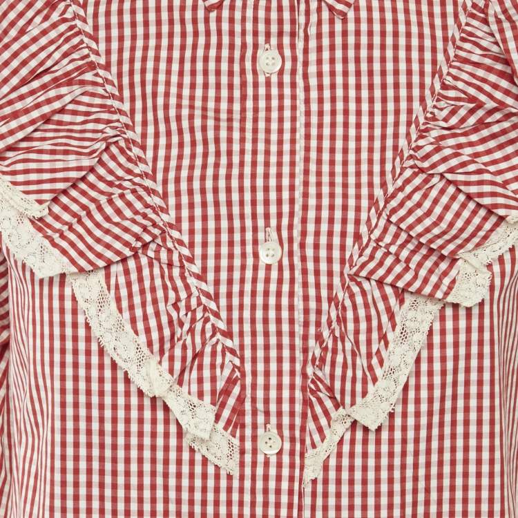Pre Owned Miu Miu Red/White Cotton Gingham Ruffled Button Front Blouse M