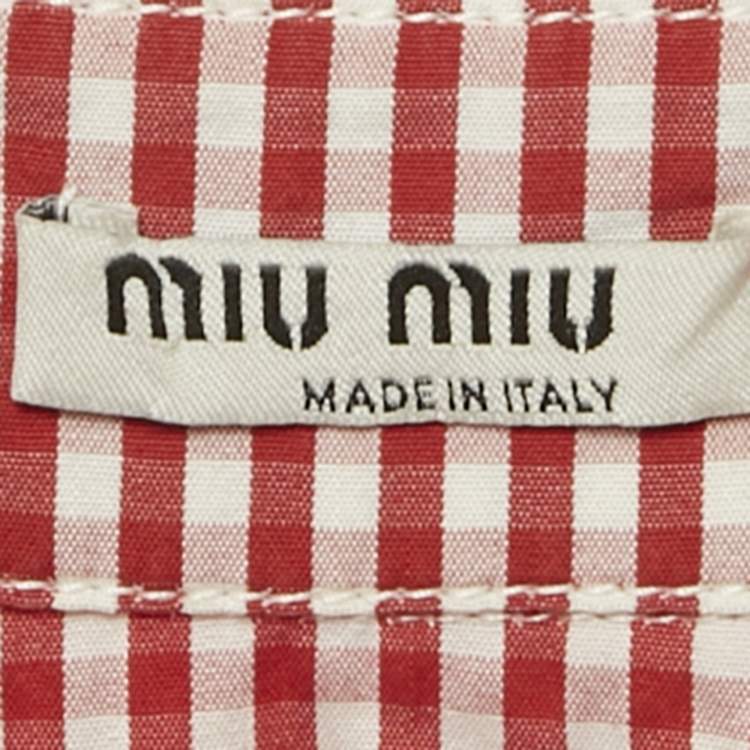 Pre Owned Miu Miu Red/White Cotton Gingham Ruffled Button Front Blouse M